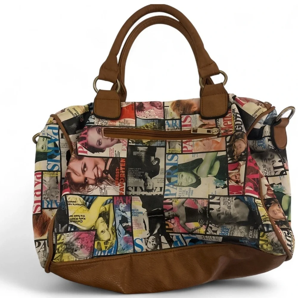 Funky Magazine Print Patchwork Tote Shoulder Bag Brown Trim 12x10x6 Y2K